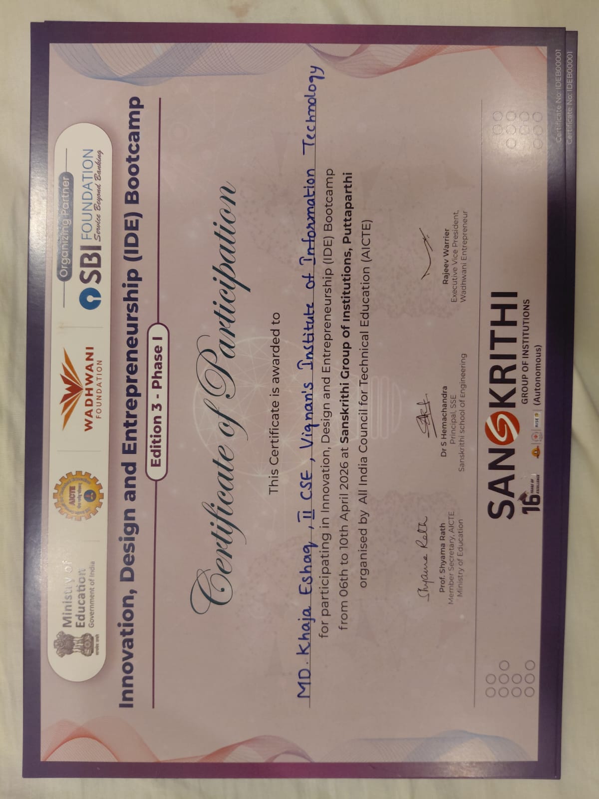 IDE Boot Camp certificate